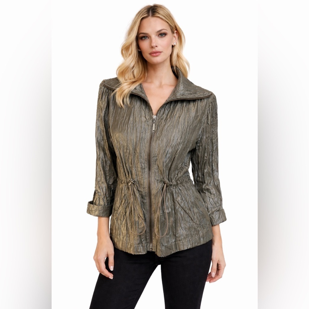 Ruby Rd. Womens   Jacket Size 10P Grey 3/4 Sleeve Pleated Drawstring Waist Zip